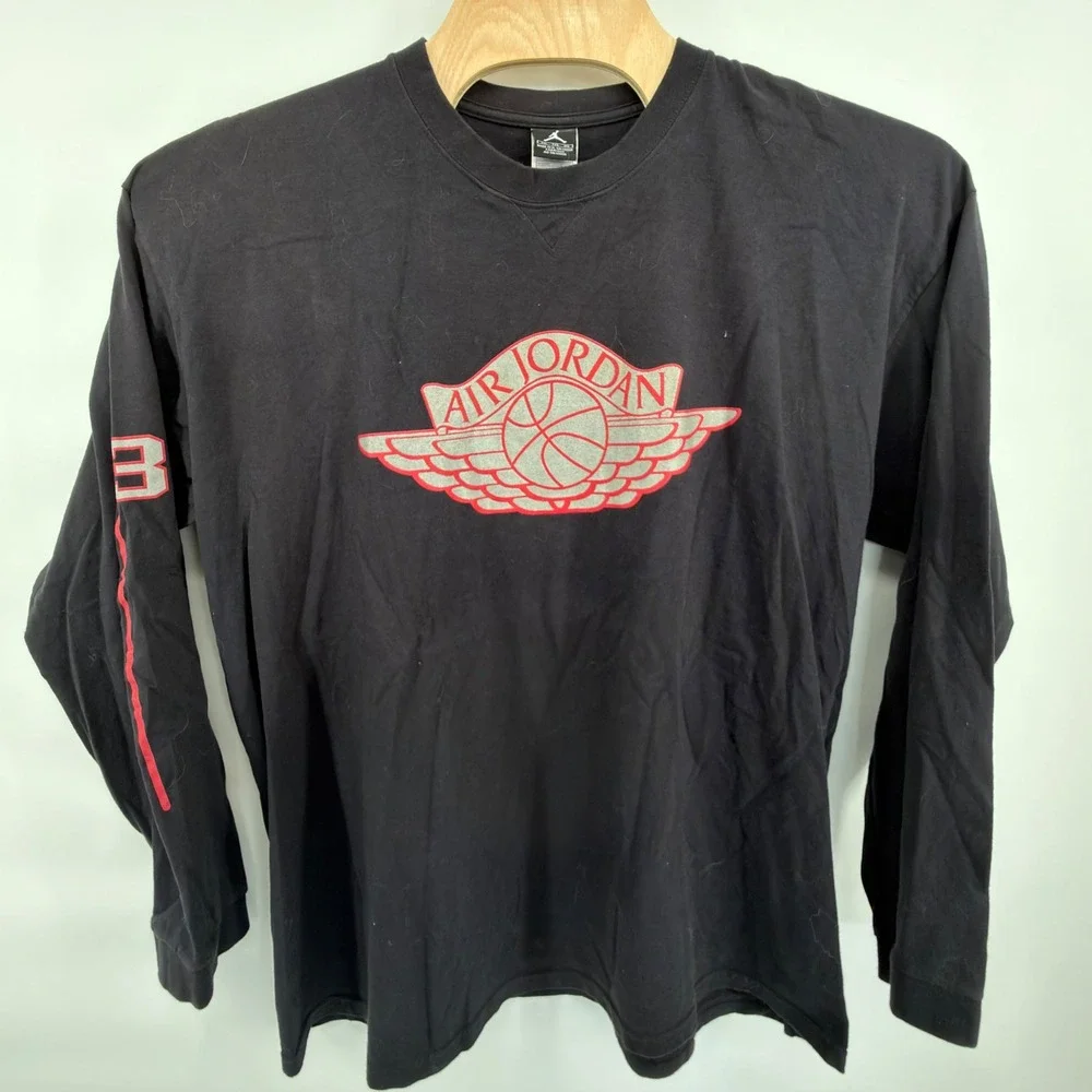Vintage Nike Air Jordan Wings Logo Long Sleeve Shirt Black 23 Size XXL FA01 Y2K